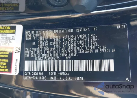 2009 Toyota Venza Base V6 из США, поврежденный, VIN 4T3ZK11AX9U009375